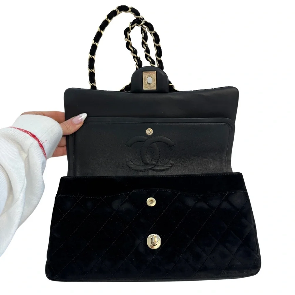Chanel Medium Classic Double Flap Bag Black Velvet Chrome Silver Hardware